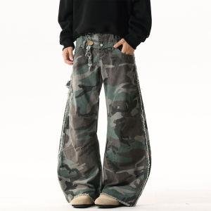 กางเกงยีนส์ทรงหลวมขากว้างชายทรงลำลองฤดูใบไม้ร่วง ทรงย้อนยุคสไตล์อเมริกัน กางเกงขายาวทรงหลวมแบบตัดเย็บด้วยผ้าฝ้าย