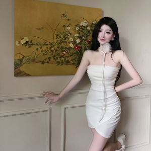 Váy nối một vai dạng lưới không tay gợi cảm với eo vải xếp bất đối xứng cho tiệc sinh nhật mùa hè