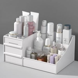 W01 1pc White New Drawer Makeup Storage Box Dormitory Finishing Plastic Shelf Cosmetics Skin Care Dressing Table Desktop