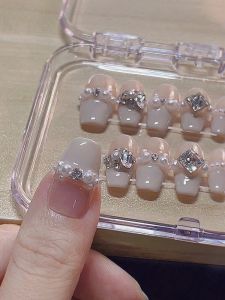 Handmade Custom Wear Nail Fake Nail Patch Gentle Pure Desire White French Nude Color Elegant Pearl Bridal Manicure