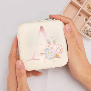 A-Z Alphabet Print Beige Travel White Storage Box Jewelry Box with Zipper Closure and Fabric Lining