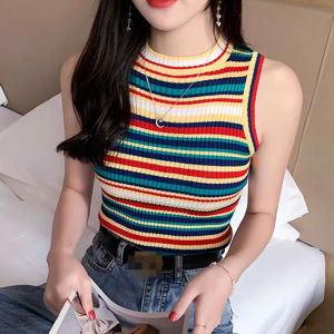 Áo Ba Lỗ Ngắn Họa Tiết Sọc Nhiều Màu Thời Trang Mùa Hè Cho Nữ Áo Không Tay Gợi Cảm Thiết Kế Độc Đáo Mặc Ngoài