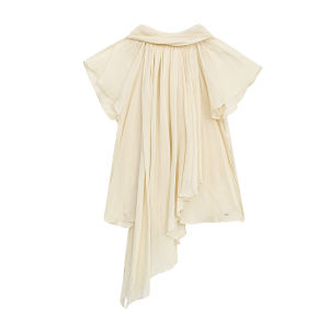 Textured Pleats Half-high Collar Irregular Hem Chiffon Blouse