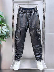 Mens Fleece Lined Windproof Harlan Loose Workwear Motorcycle Riding Leather Pants Straight Leg Long Trousers PU Leather