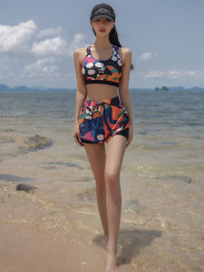 Womens Sporty Two-Piece Swimsuit 2023 New Print Yoga Vacation Resort Swimming Costume round Neck Sleeveless with Chest Pad