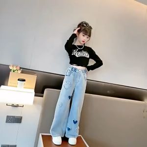 Jeans For Kids Girl 6-16yrs Wide Leg Pants Denim Trousers Pants Korean Style Embroidered Ripped Loose Casual Jeans High Waist Maong Pants