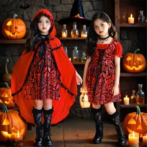 Ít mũ trùm đầu đỏ để đi xe đạp của cô gái trang phục Ma Cà Rồng Đầm ren với áo choàng vòng cổ và vớ câu chuyện trang phục hoàn hảo cho bữa tiệc Halloween 5-11years