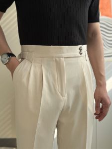 High Waist Straight Leg Mens Casual Pants Commute Business Naples Italian Paris Button Lightweight Maturity Style Long Trousers
