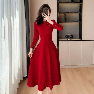 Elegant Red Long Sleeve Womens Qipao Dress High-End Customized Wedding Ceremony Dress Fashionable Mid-Waist A-Line Skirt