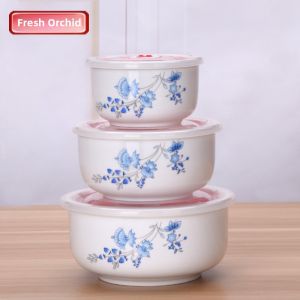 Sealable Microwave Refrigerator Compatible Ceramic Food Storage Bowl 3 Piece Set