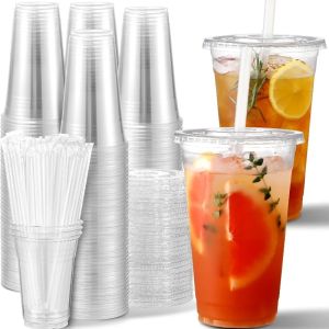 50PCS Disposable Plastic Cup with Lid and Straw Disposable Clear Cups Suitable for Party Smoothies Coffee Cold Drinks Container