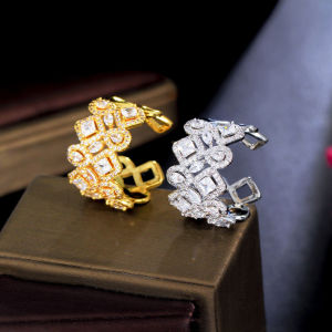 SEQUITO Elegant Gold Silver Color Full Paved Sparkling White Zirconia Stones Women Open Cuff Adjustable Hollow Out Wide Ring Luxury Wedding Band Finger Jewelry for Bride SR061