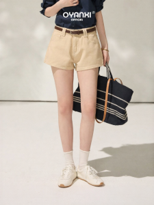 OUYANGXI | Quần Short Jean Mầu Khaki Dáng A Cao Waist Thời Trang Nữ