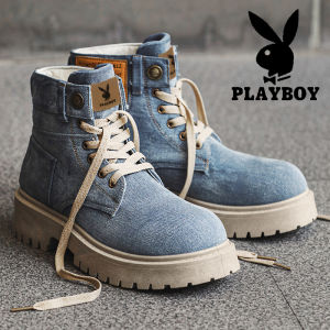 Playboy Mens Martin Boots Spring Autumn Outdoor British Retro Denim Thick Bottom Work Boots Fashionable Youth Korean Style
