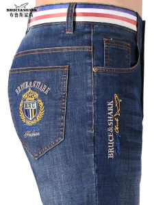 Summer New Mens Jeans Thin Straight Stitched Long Pants Bruce Shark Trendy Loose Large Size Casual Fashion Urban Cotton Polyester Blend