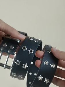 ♩1Pcs Black Faux Leather Belt With Silver Star Studs And Double Prong Buckle For Punk Streetwear Casual Daily Wear