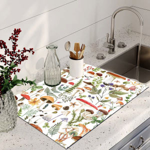 Plant Floral Print Absorbent Machine Drip Mat Non-Slip Rubber Sole Anti-Dirt for Coffee Machine Kitchen Sink Bathroom Countertop