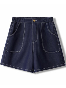 กางเกงขาสั้นผ้ายีนส์ทรงหลวมเอวสูงสำหรับฤดูร้อน กางเกงขาสั้นผ้าลินินบางสำหรับผู้หญิง กางเกงขายาวเอวสูงสีน้ำเงิน กางเกงขายาวทรงเอ