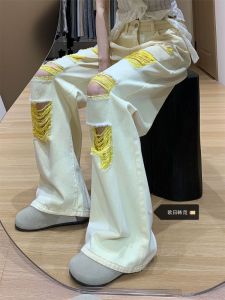 Quần Jeans Denim Ống Thẳng Màu Đỏ Cỡ Lớn Cho Nữ Quần Ống Rộng Thời Trang Thu Đông 2025 Quần Jeans Denim Cạp Thấp Có Lỗ