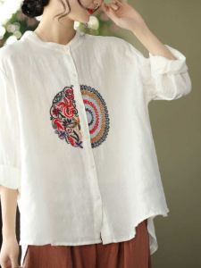 Original Embroidered Linen Long Sleeve Shirt Womens New 2025 Autumn Versatile Loose Casual Ladies Shirt Commute Ethnic Style