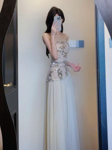 Autumn Winter Elegant Print Bustier Dress Set High Waist A-Line Skirt Korean Style Commute Folded Skirt Regular Sleeveless Slim Fit Citywalk