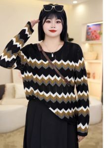 พลัสไซส์ คอกลมเวฟ ลายทาง แขนยาว เสื้อผ้าถัก ผู้หญิง ฤดูใบไม้ผลิ ฤดูใบไม้ร่วง หลวม สไตล์ขี้เกียจ เรียบหรู เสื้อท่อนบน ขนแกะ 100%