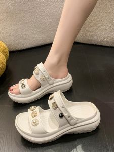 Womens Thick Heel Two-Way Wear Fish Mouth Sandals Summer Outdoor EVA Breathable Beach Clog Shoes Casual Style Slip-On Sandals