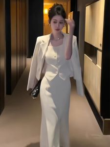 Spring Summer 2025 Womens Fashion High-End Suit Set Office Workwear Elegant Commuting Midi Skirt Long Sleeve Pure Color