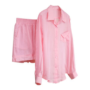 Peach Peachy Relaxed Linen Loose Fit Sun Protection Shirt and Shorts Set Summer