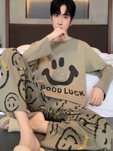 Pure ผ้าฝ้าย แขนยาว ชุดนอน ชุดสําหรับผู้ชาย ลำลอง สวมใส่สบายชุดนอนเยาวชนขนาดใหญ่ การ์ตูน พิมพ์สไตล์บริการบ้าน