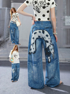 Unifree | Splatter Distressed High Waist Loose Straight Long Jeans