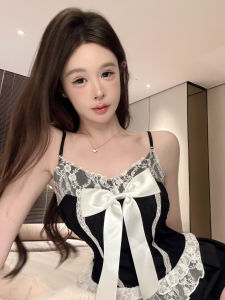 Fashionable Casual Versatile Butterfly Knot Color Block Lace Strap Vest Short Backless Top Women Trendy Korean Style Commute