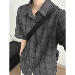 LIUBU | Collar Check Short Sleeve Shirt for Men Summer Casual Slim Lightweight