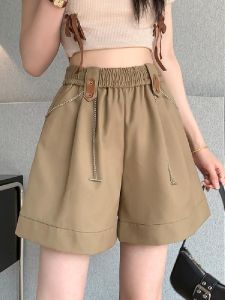 Khaki Color Womens High Waist Loose Casual Pants Summer Trendy Short Shorts Versatile Wide Leg Pants Commute Style Korean Version