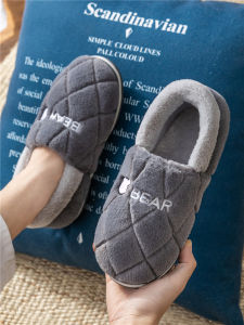 Ankle Wrap Cotton Slippers Mens Outerwear Winter Indoor Plus Size Warm Non-Slip Home Fleece-lined Fluffy Cotton Shoes Female