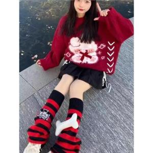 Red Mink Velvet Sweater for Women Loose Knitted Top Butterfly Knot Autumn Winter Spring High School Students Casual Style