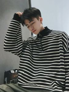 Men Stripes Sweatshirt Polo Shirt Collar Long Sleeves T-shirt Spring and Autumn Bottoming Shirt Mens Clothing Tops Trendy Coat Handsome