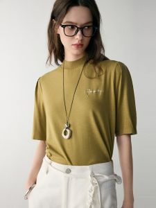 MSLAN Commuter Style Pure Color Short Sleeve Stand Collar T-Shirt Spring Summer New Arrival Elegant Atmosphere Bamboo Rayon Blend