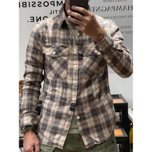 Retro American Countryside Plaid Mens Shirt Autumn Thin Artistic Casual Pure Cotton Flocking Design Long Sleeve Shirt