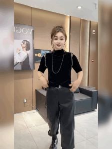 French Style Short Sleeve Velvet T-Shirt Shoulder Bared Half High Collar Slim Fit Black Base Shirt Versatile Ladies Top