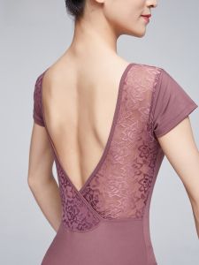 Dancing Dress Womens Lace Open Back Ballet Shapewear Short Sleeve for Adult Gym Outfit Summer One-Piece Exercise Clothing Bodysuit