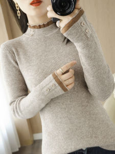 Womens Knitted Long Sleeve Base Shirt Half High Collar Slim Fit Button up Top Korean Style Commute Pure Color Autumn Winter New Arrival