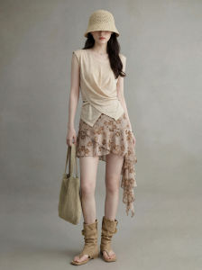 GULILI | Beige V-Neck Cinched Top Asymmetric Floral Skirt Set Summer Outfit