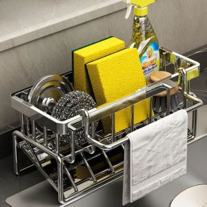 Stainless Steel Kitchen Sink Storage Rack Cloth Holder Drying Shelf Sponge Wire Ball Faucet Drain Board Utensils Organizer