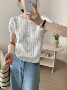 Womens Knitted Short Sleeve T-Shirt round Neck Hollow out Design Summer Fashionable Top Comfortable Fit Medium Softness