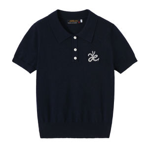 Retro Dark Blue POLO Knitted Slim Fit Overhead Short Sleeve Women Elastic Waist Top Casual Loose Style Pure Color Summer Shirt