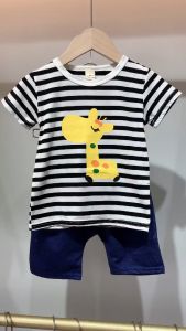 Childrens clothing set giraffe cartoon striped short sleeve childrens suit for boys and girls