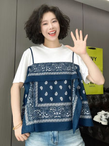 BINKAFENNY | Summer Vintage Unique Printed Scarf Neckline Short Sleeve T-Shirt Womens Beautiful Patchwork Sling Top Korean Style Loose Fit