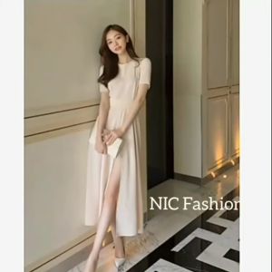 Midi Dress Korea Lengan Pendek Sifon Wanita Gaya Inggrid NIC: Fashion Rok Dress Midi