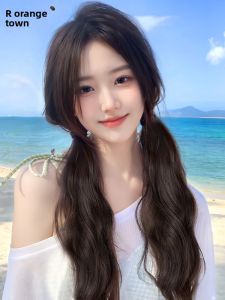 JUZITING | Long Hair Ponytail Wig with Claw Clips Double Ponytail New Chinese Style Realistic Natural Slightly Wavy Low Bun Braids